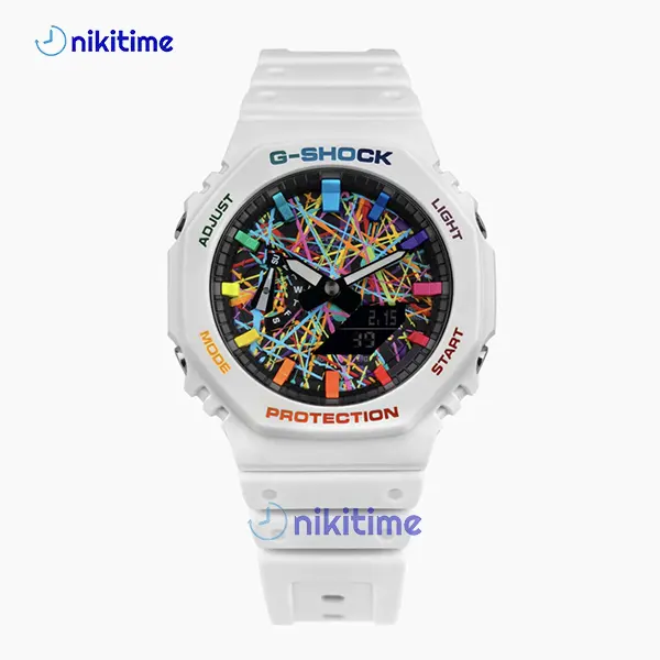 ساعت کاسیو جیشاک سفید صفحه خط رنگی GA_2100_white_rainbow