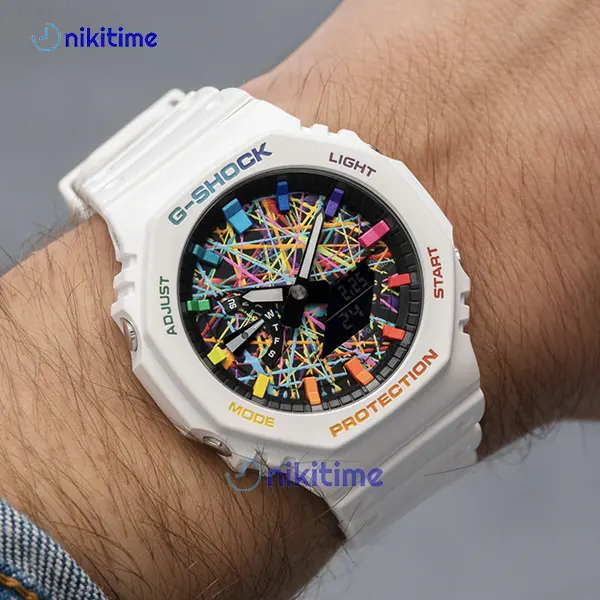 ساعت کاسیو جیشاک سفید صفحه خط رنگی GA_2100_white_rainbow