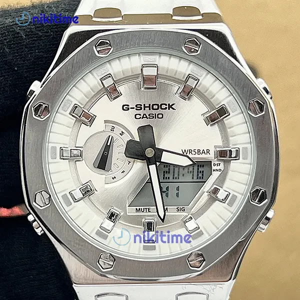 ساعت کاسیو جیشاک سیلور صفحه سفید GA 2100 custom AP
