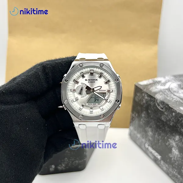 ساعت کاسیو جیشاک سیلور صفحه سفید GA 2100 custom AP