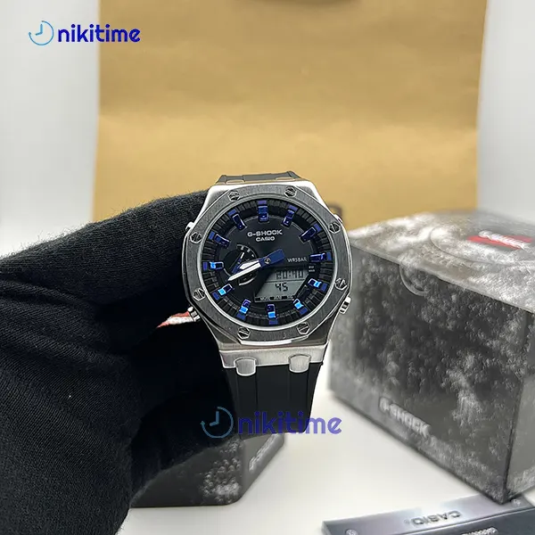 ساعت کاسیو جیشاک سیلور صفحه مشکی GA 2100 custom AP